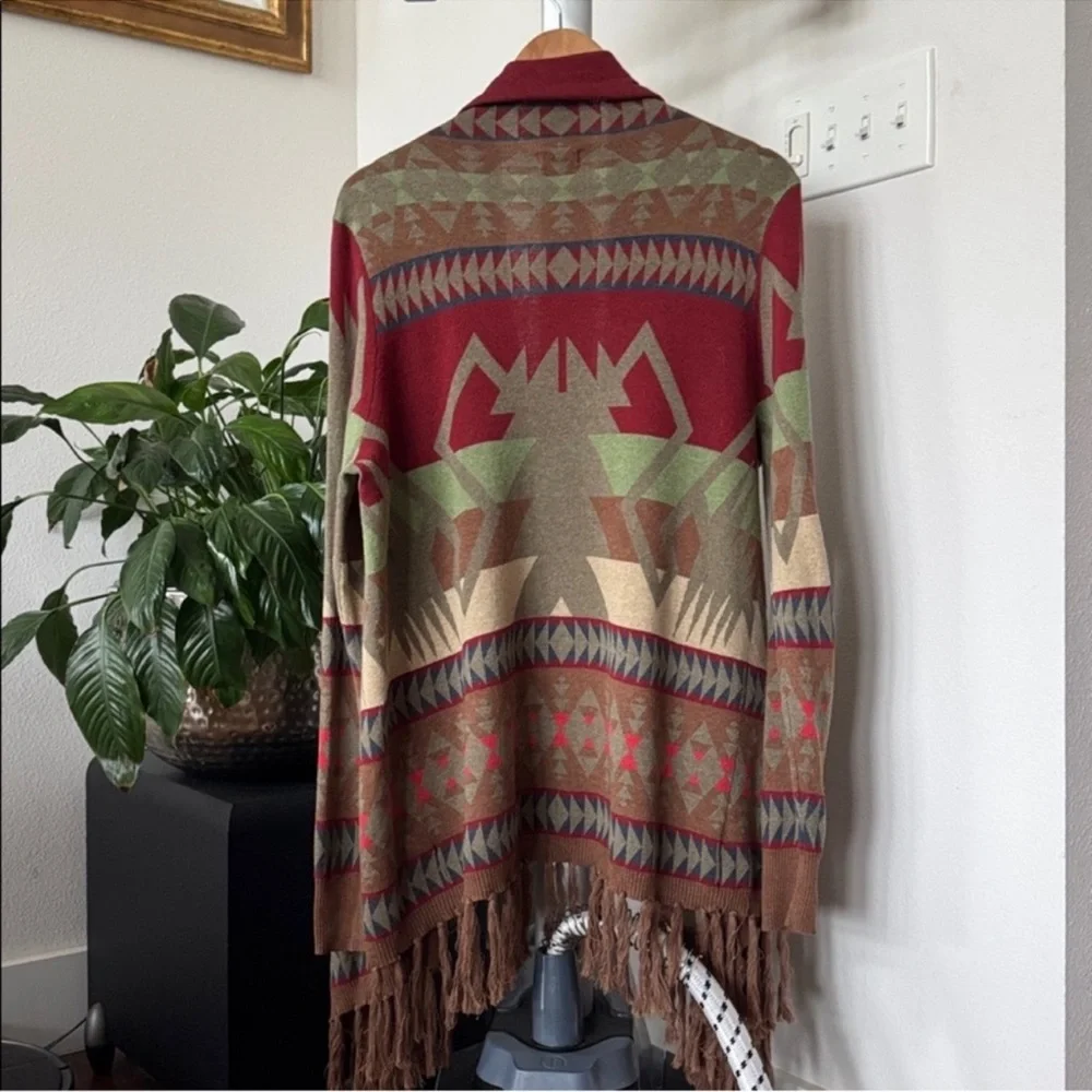 Tasha Polizzi Southwestern Drape Fringe cardigan sweater Sz M Brown Red Open - Picture 10 of 12